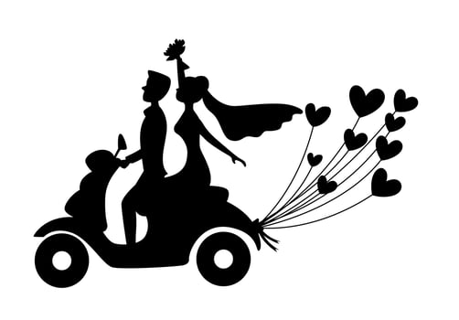 Wedding couple riding motorbike, Just married couple bride and groom riding on a vintage motorbike silhouette vector