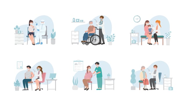 Doctor or paramedic in clinic or hospital giving man or woman successive virus vaccines, coronavirus immunizations, flu vaccine, healthcare, set vector