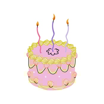 Pink cake with curved candles in coquett trendy style. Flat cute clipart isolated on white background vector