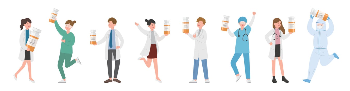 Paramedic man or woman doctor or laboratory staff composition, medical specialist with antibiotic or vaccine, doctor team concept, medical office or laboratory, cartoon vector