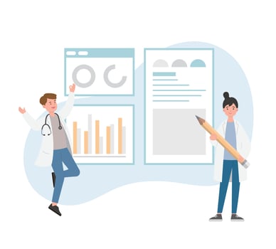 Male or female of paramedic or medical specialist or scientist pointing at presentation board, chart icons, set of abstract graphic elements, data statistics, infographics, analytical tools vector