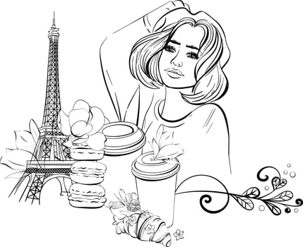 border with Parisian woman and Eiffel Tower, Paper cup of coffee, french baguette and croissant Bakery, street food. Black silhouette for circuit. Romantic travel to France vector