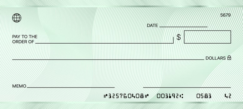 Blank green bank check. Checkbook cheque template vector