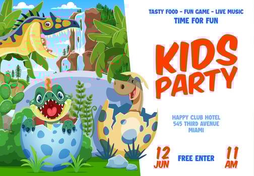 Kids party flyer, cute little dino in egg shells vector