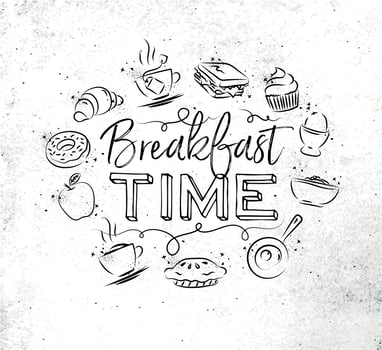 Breakfast time monogram with food icon drawing on dirty paper background vector