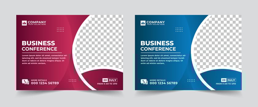 Corporate horizontal business conference flyer template. Technology conference social media banner layout, live webinar event invitation banner vector