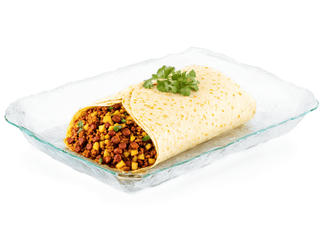 Soyrizo Burrito with vegan chorizo potatoes and beans served on a transparent glass dish vegan png