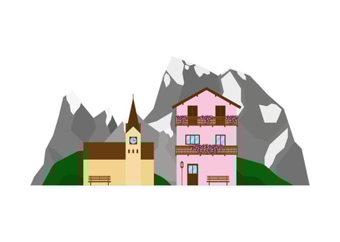 House and church on the mountains landscape. vector
