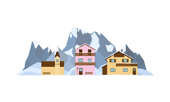 Private houses, church on the mountains landscape. vector