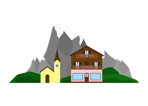 House and church on the mountains landscape. vector