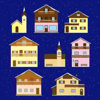 Set of alpine wooden houses. vector