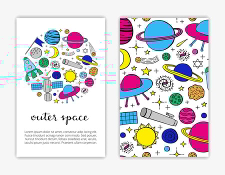 Card templates with hand drawn space icons. vector