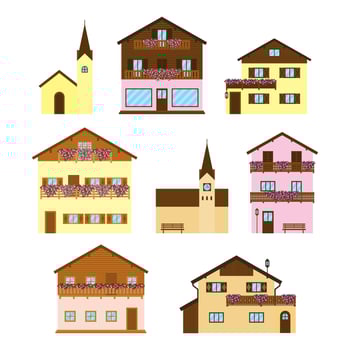 Set of alpine wooden houses. vector