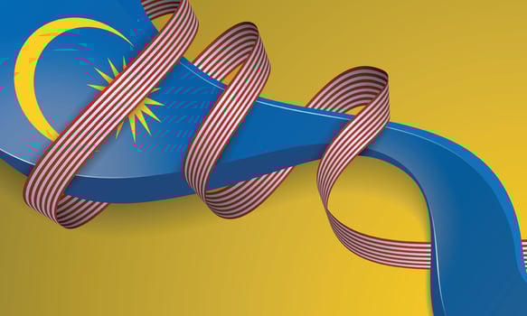 Waving red white ribbon circling a blue 3D shape with a picture of a moon an yellow star vector