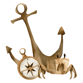 Watercolor nautical composition with steel anchor, vintage compass and crab illustration. Marine clip art with sea creature and navigation elements in monochrome for sea booklet, packing, label png