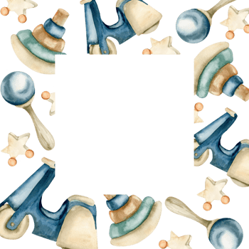 Watercolor kid's wooden toy square frame with blue scooter, rattle, beige star on wheels and pyramid illustration.Vintage style, pastel colors template for poster, banner, card, children textile label png