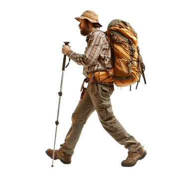 man with backpack and trekking poles walking png