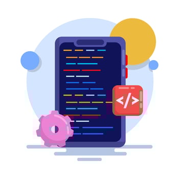 App development concept, mobile UI UX, web design, app design, coding, mobile app. application creation, application testing, UI-UX, and web design. Flat vectors are suitable for many purposes.