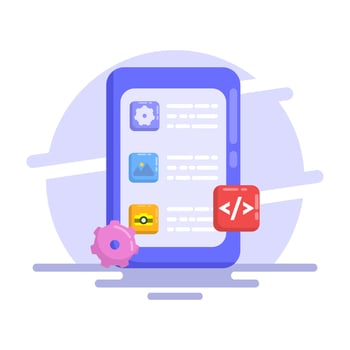 App development concept, mobile UI UX, web design, app design, coding, mobile app. application creation, application testing, UI-UX, and web design. Flat vectors are suitable for many purposes.