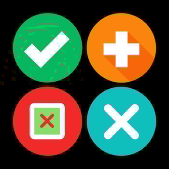Green check mark and red cross icon set. Circle and square. Tick symbol in green color, vector
