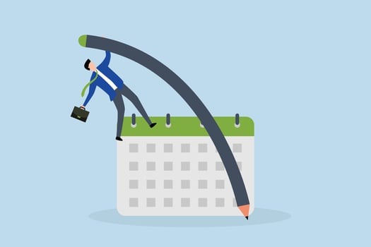 Flexible work schedule, businessman using pencil pole vault jumping over calendar. vector