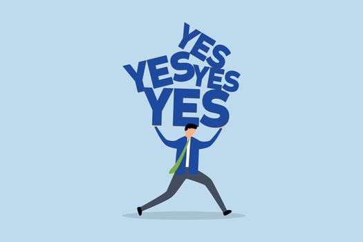 Stop always saying yes, hard working businessman who carried the heavy burden of saying yes, agreed to help with other colleagues. vector
