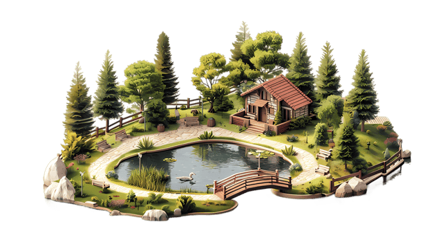 isometric style a small house surrounded by trees and a pond png