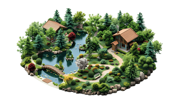 isometric style a small house surrounded by trees and bushes png