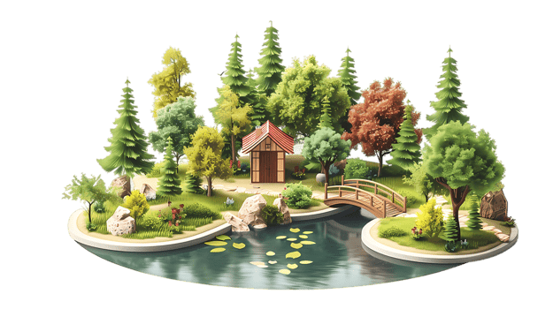 a small island with a house and a bridge isometric style png