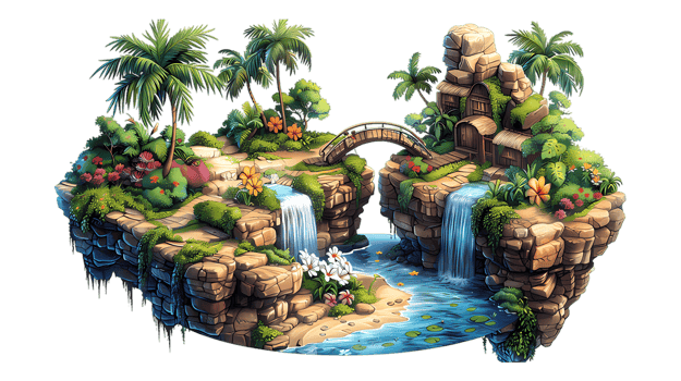 isometric style, an island with a waterfall and palm trees png