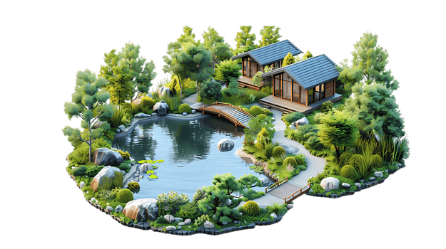 isometric style a small house surrounded by trees and pond png