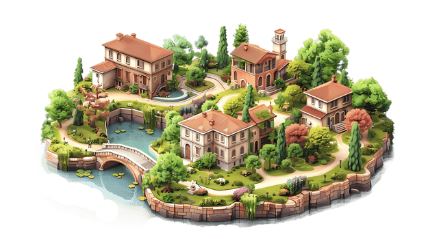 isometric building, pond and trees on it png