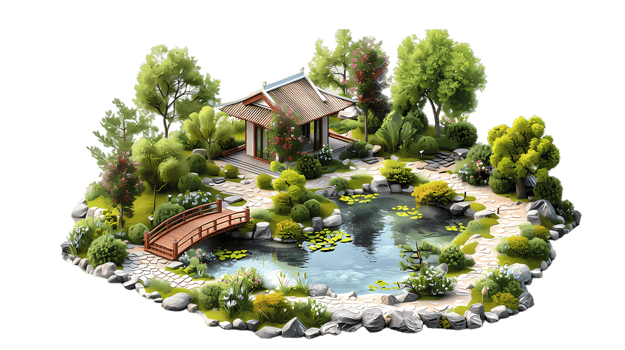 isometric style an asian garden with a pond and bridge png