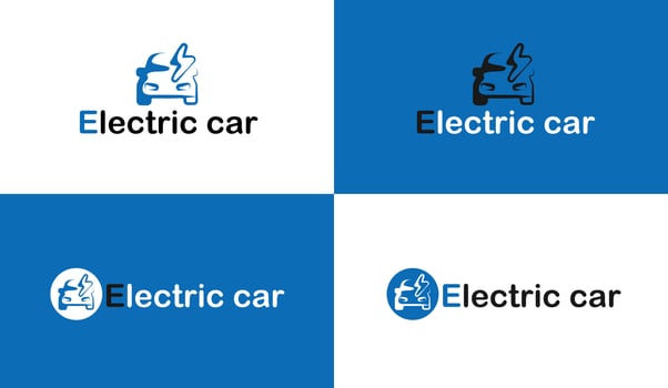 Electric car logo with charging stations by sketch in concept of blue. renewable energy and eco power produced from sustainable source. EV plugin station. technology electric car. design. vector