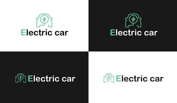 Electric car logo with charging stations by sketch in concept of green. renewable energy and eco power produced from sustainable source. EV plugin station. technology electric car. design. vector
