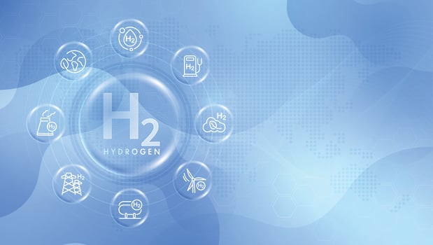 Hydrogen and H2 with icons for sustainable environment. eco-friendly industry and alternative lifestyle. changing the CO2 fuel cell to H2 switching to clean hydrogen energy. . vector