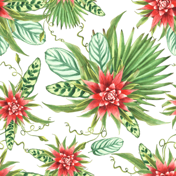 Tropical leaves with red flowers, palm leaf, curly foliage seamless pattern. Watercolor exotic plant Bromeliad bud floral Hawaiian fabric design Watercolor painted illustration on isolated background png