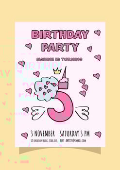 kid's 5th unicorn-themed birthday party invitation card. vector