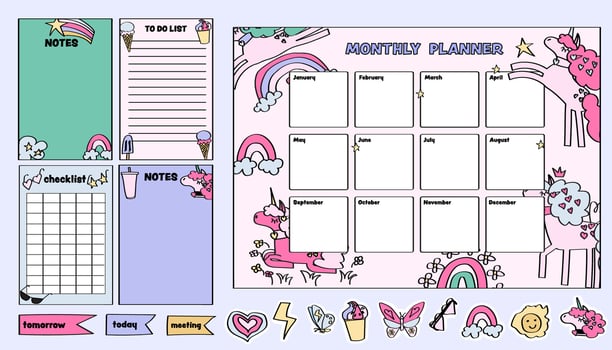 cute unicorn of to-do lists, checklists and monthly planner templates collection. vector