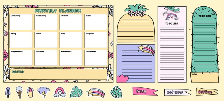 pineapple and cactus-themed collection of to-do lists, checklists and school schedules, monthly planner templates. vector