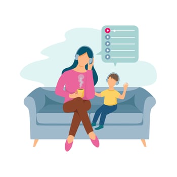 Mother and son are listening to audiobooks on a bench in the park with headphones. Illustration on white background. vector