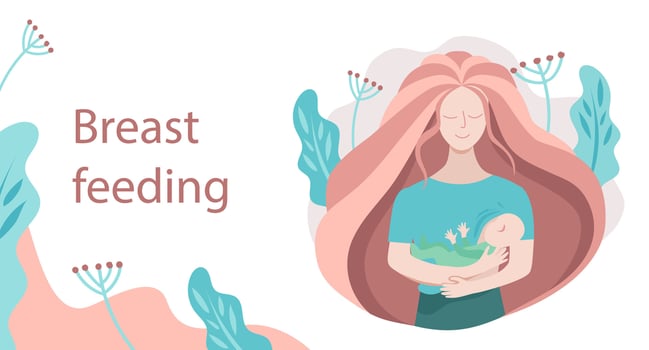 Mother feeding a baby with breas. Banner template on a theme breastfeeding. vector