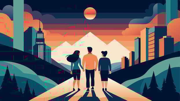 Silhouette of three people against a vibrant city sunset. Modern flat illustration style. Dark blues, oranges, and teal colors. vector