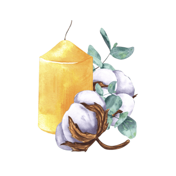 Yellow candle, eucalyptus sprigs, cotton. Watercolor illustration, composition isolated. For decoration and design of souvenirs, cards, posters, labels and logos. png