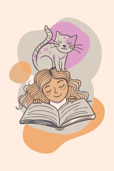 A cute girl is enjoying a book while a cat relaxes on her head vector