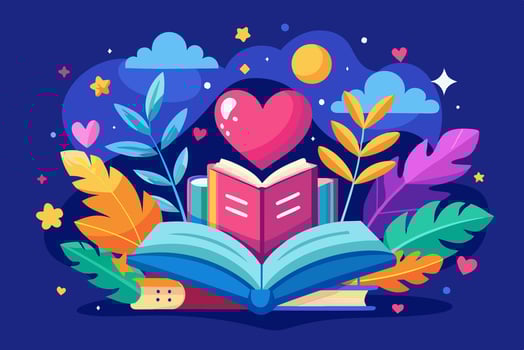 An open book with a heart on top surrounded by leaves and hearts vector