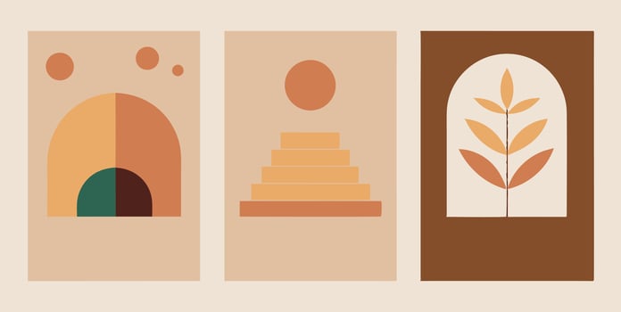 Three posters with shapes and leaves create a harmonious composition vector