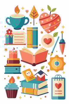 Books, candles, coffee, cupcake, heart Orange, Art, Cake decorating supply vector