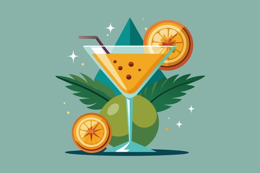 A martini glass is filled with orange juice and has a straw vector