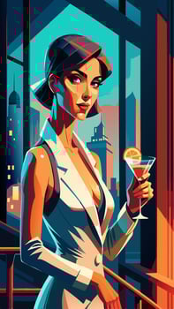 A stylish woman in a suit is elegantly holding a martini glass vector